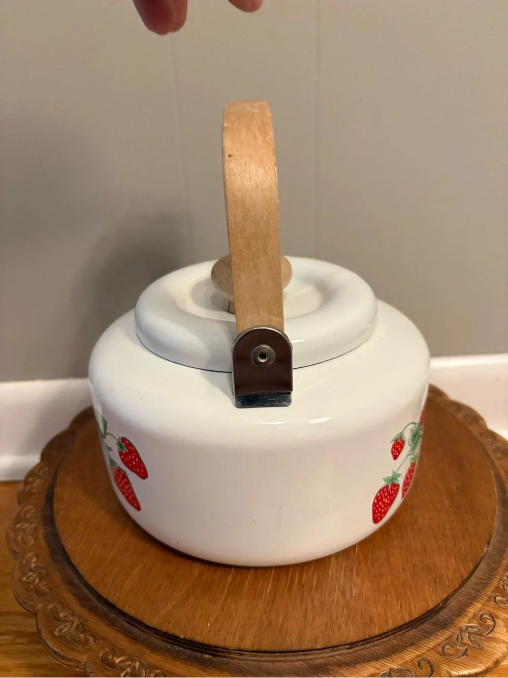 White Strawberry Floral Teapot with Wooden Handle